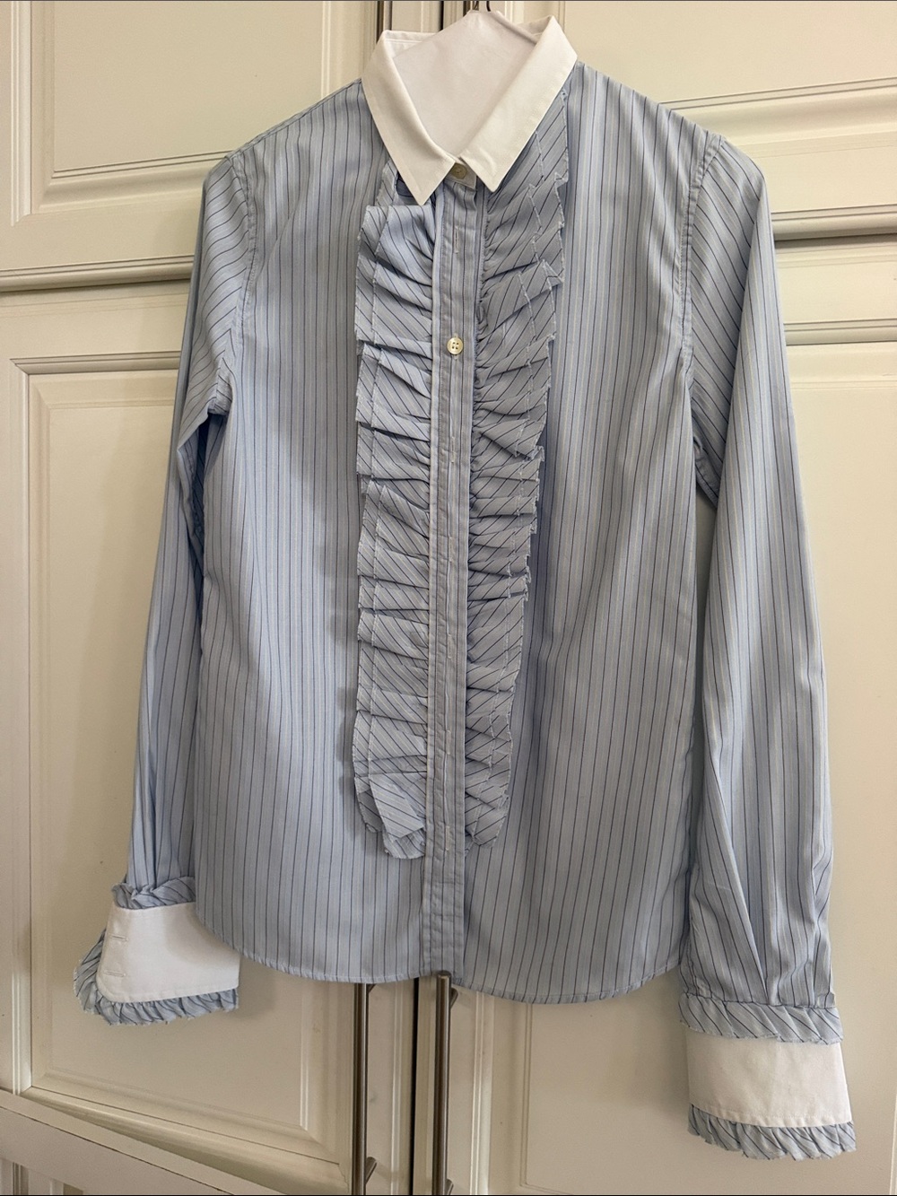 D&G Dolce & Gabana Long Sleeve Striped and Ruffle Button Down Shirt